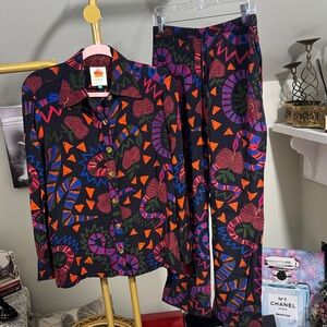 EUC FARM Rio 2PC Collared Shirt/Pants Vibrant Colors Snake Motif Gorgeous